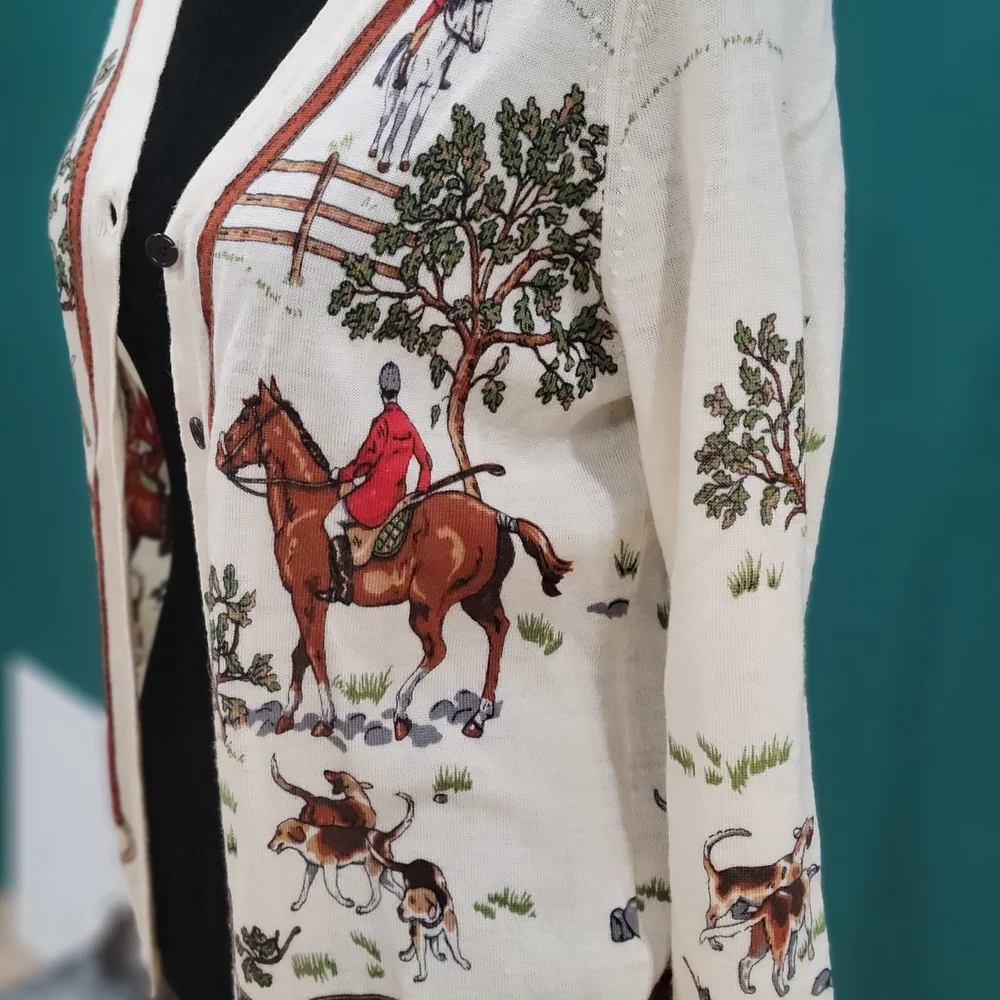 J. Crew Cream Horse/Equestrian Vintage HTF Rare Cardigan Size Med. 100% Wool - Picture 2 of 9